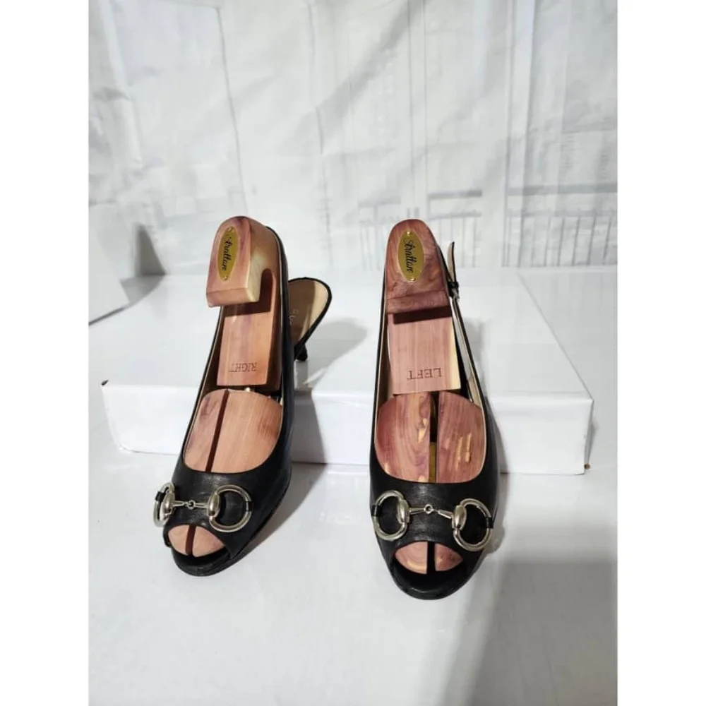 Authentic Gucci Leather Horsebit Peep Toe Platform Pumps Black Size 39